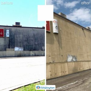 before and after image of a pressure washed building